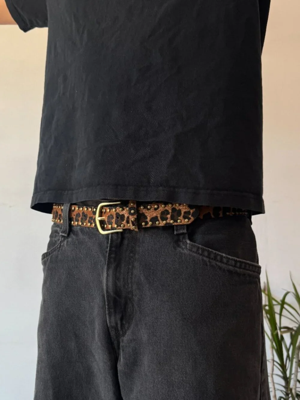 Brown Leopard Studded Brass Buckle Belt
